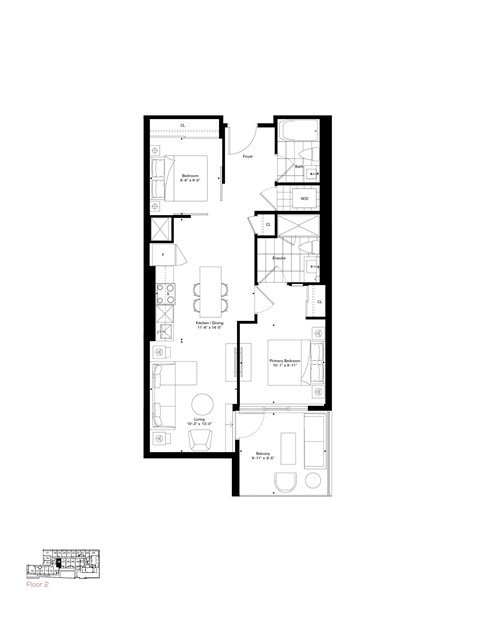 Floor plan for 2 beds, 2 baths, 800 sqft